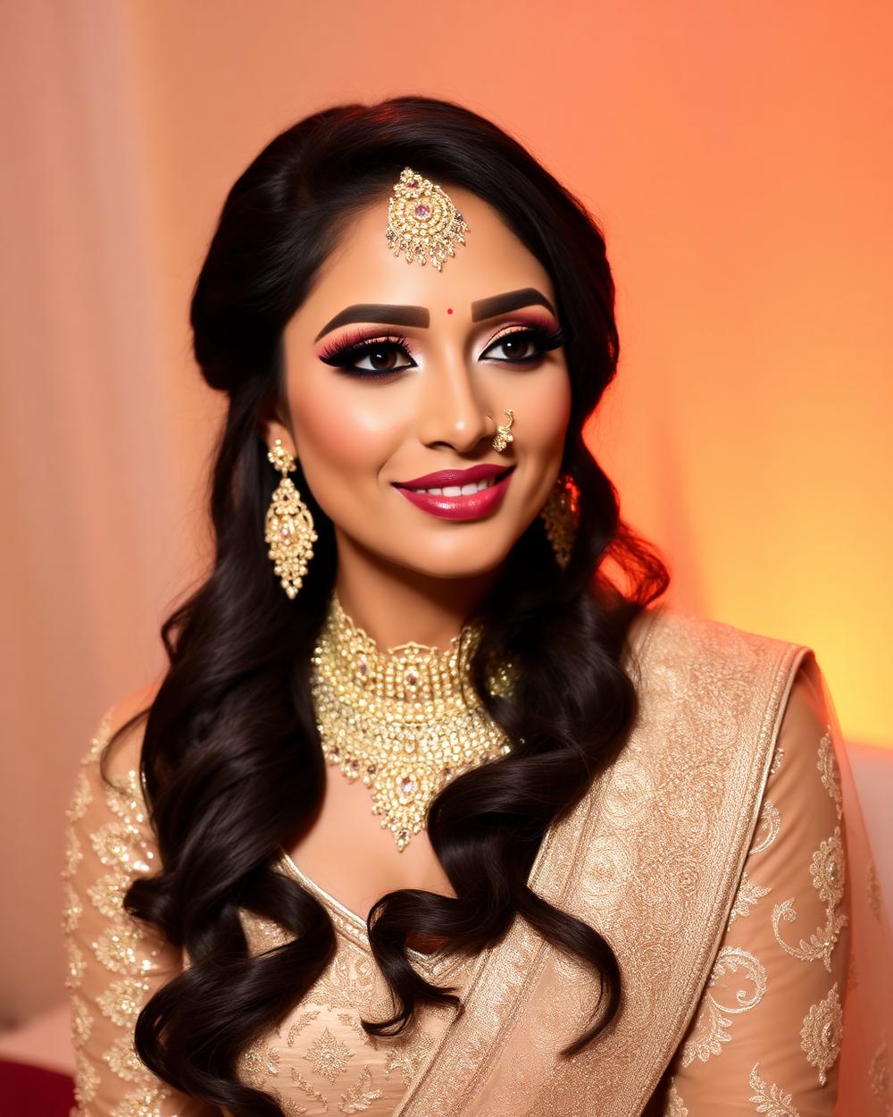 Bride with soft glam engagement makeup and champagne gold outfit